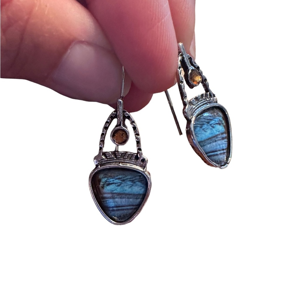 Boho Silver Plated and Blue Geometric Drop Style Earrings - Picture 5 of 5